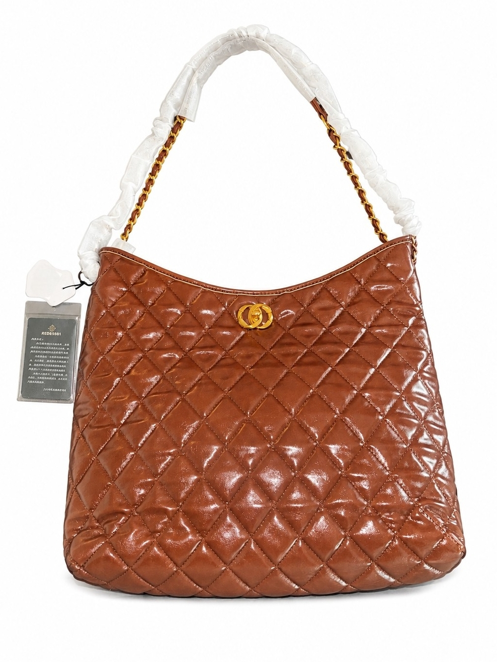 Brand New - Quilted Brown Shoulder Bag with Gold Chain Accent